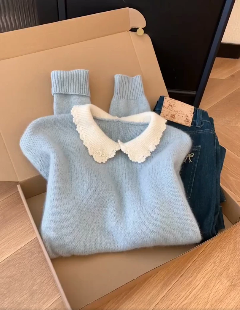 韩系冬款甜美风娃娃领小设计精致显瘦宽松毛衣女洋气时尚百搭上衣