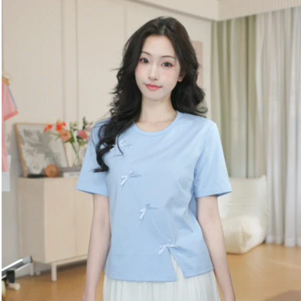 【双12提前购】茵曼夏季时尚纯色斜边蝴蝶结T恤休闲百搭圆领短袖