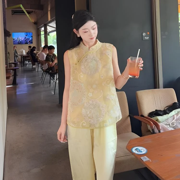 常规款网红女马夹夏季新中式宽松民族风套装立领薄款马甲刺绣