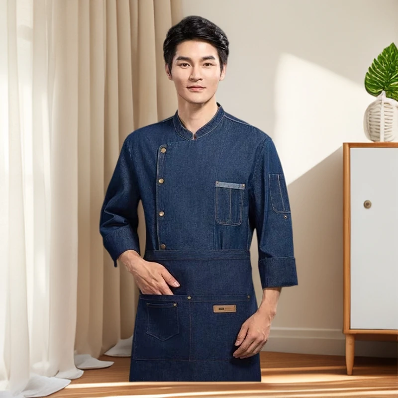 高端牛仔厨师工作服长袖男秋冬餐饮酒店饭店烘焙西餐厨房工衣定制