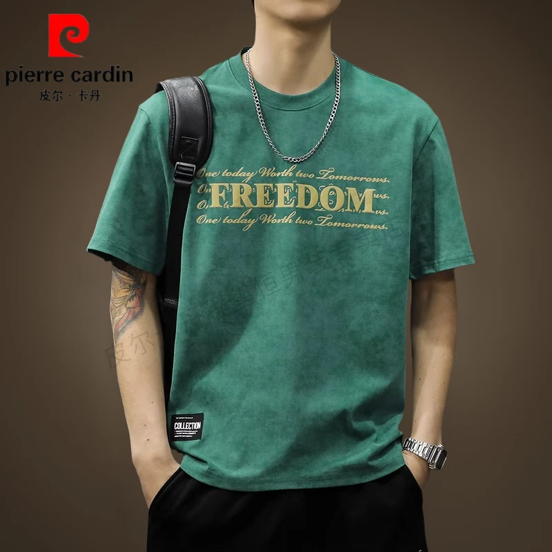 皮尔卡丹复古新款纯棉短袖T恤男绿色宽松潮牌半袖夏季男士体恤衣