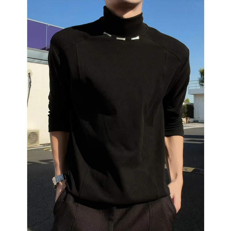 德绒金属扣解构正肩长袖t恤男秋冬潮牌宽松半高领内搭打底衫上衣