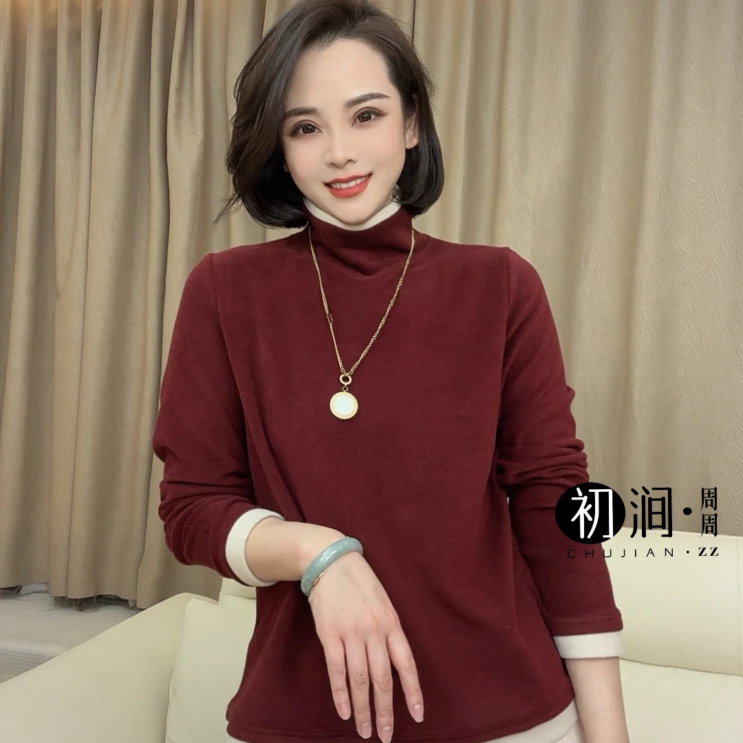 安可拉红高领长袖打底衫女秋冬德绒加厚拼色上衣保暖百搭磨毛T恤