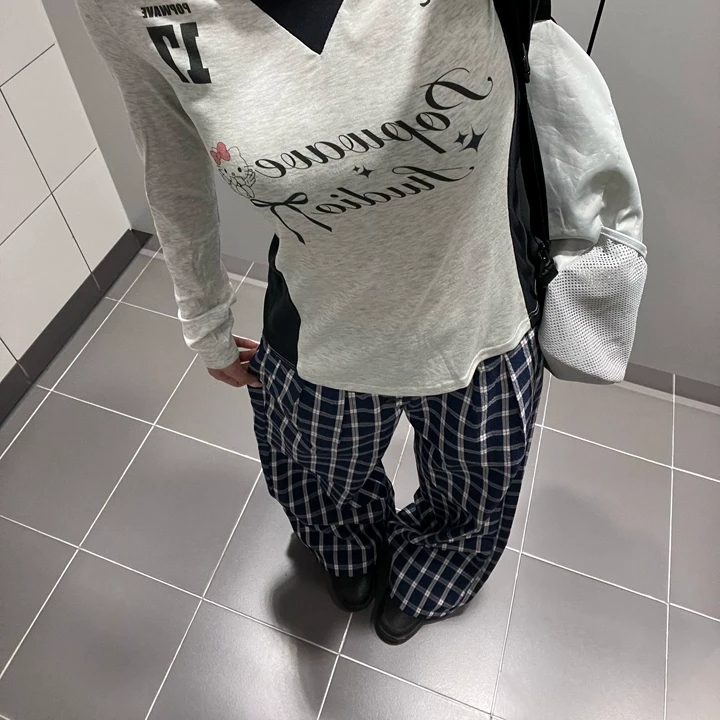 美式辣妹赵露思同款蓝色格子裤女夏直筒休闲宽松慵懒风格子泡泡棉