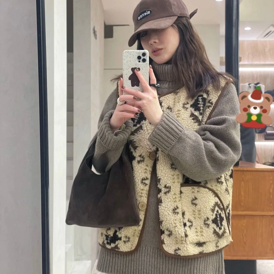 【BK出口订单】秋冬百搭印花复古圆领单排扣马甲 803