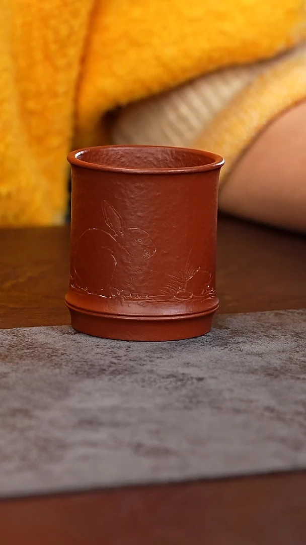 茶杯紫泥朱泥 刻绘兔 竹段杯