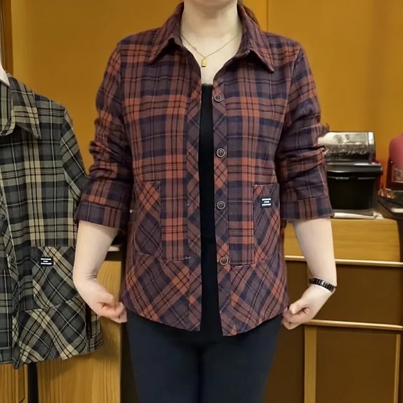 《专柜品质》2024秋款时尚洋气宽松显瘦春秋百搭格子衬衫长袖外套