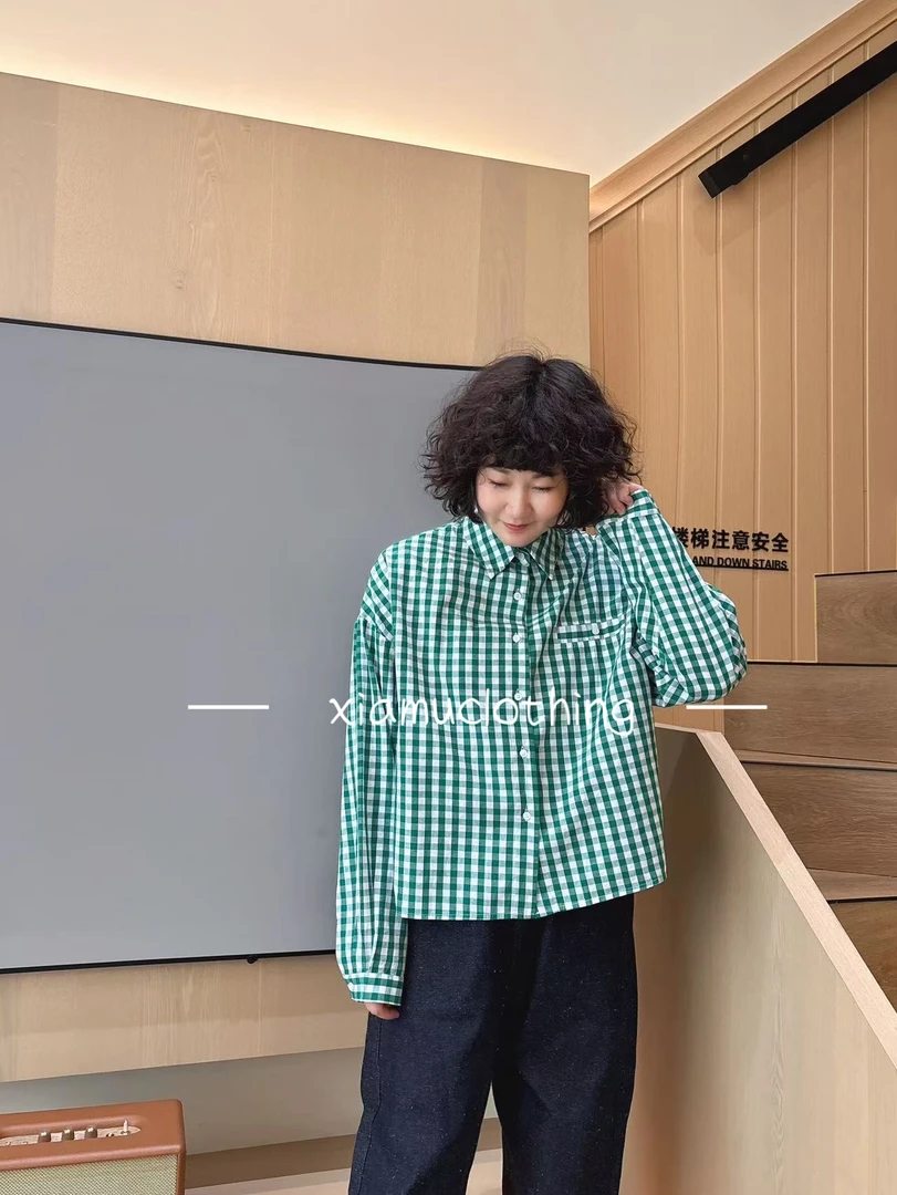 夏沐家百搭格子短款宽松休闲衬衣9984