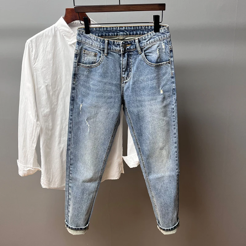 男士潮牌破洞九分牛仔裤春季新款美式休闲高端百搭弹力刮烂小脚裤