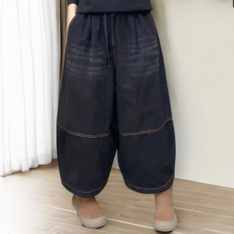 【云吖】秋季韩版复古宽松大版手插抓猫须汗麻松紧腰纯色阔腿休闲裤