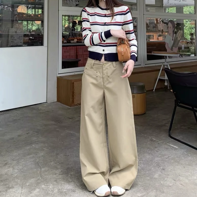 2025秋季新款时尚百搭通勤复古宽松条纹裤高腰显瘦拖地直筒阔腿裤