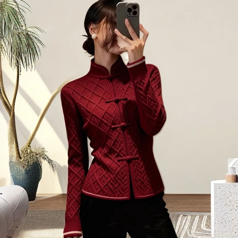 民族风立领盘扣红色针织开衫女装圣诞风新年穿搭时尚复古显瘦上衣