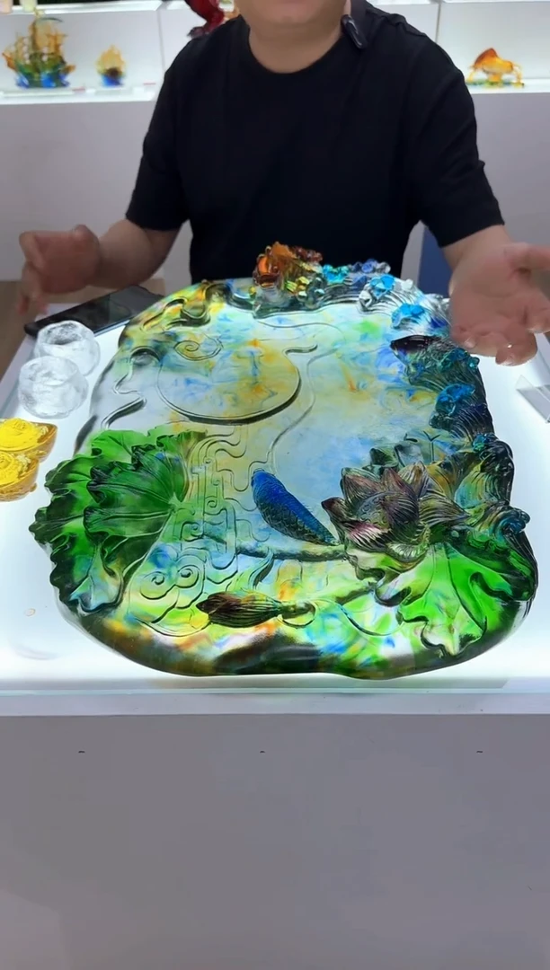 手工艺品琉璃C*堅古法琉璃荷塘月色大茶盘