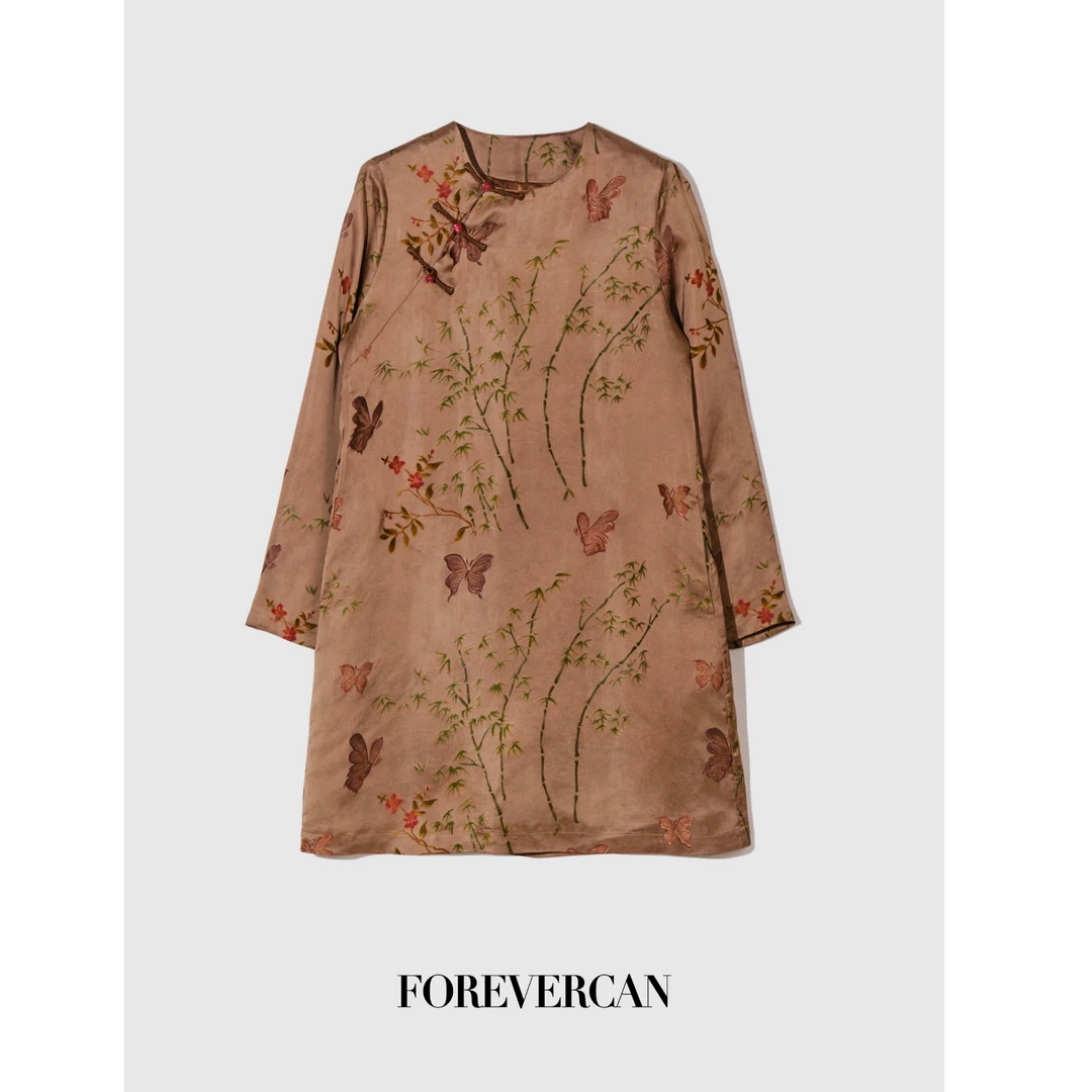 FOREVERCAN“蝶恋花”新中式提花斜襟手工盘扣连衣裙SD21030