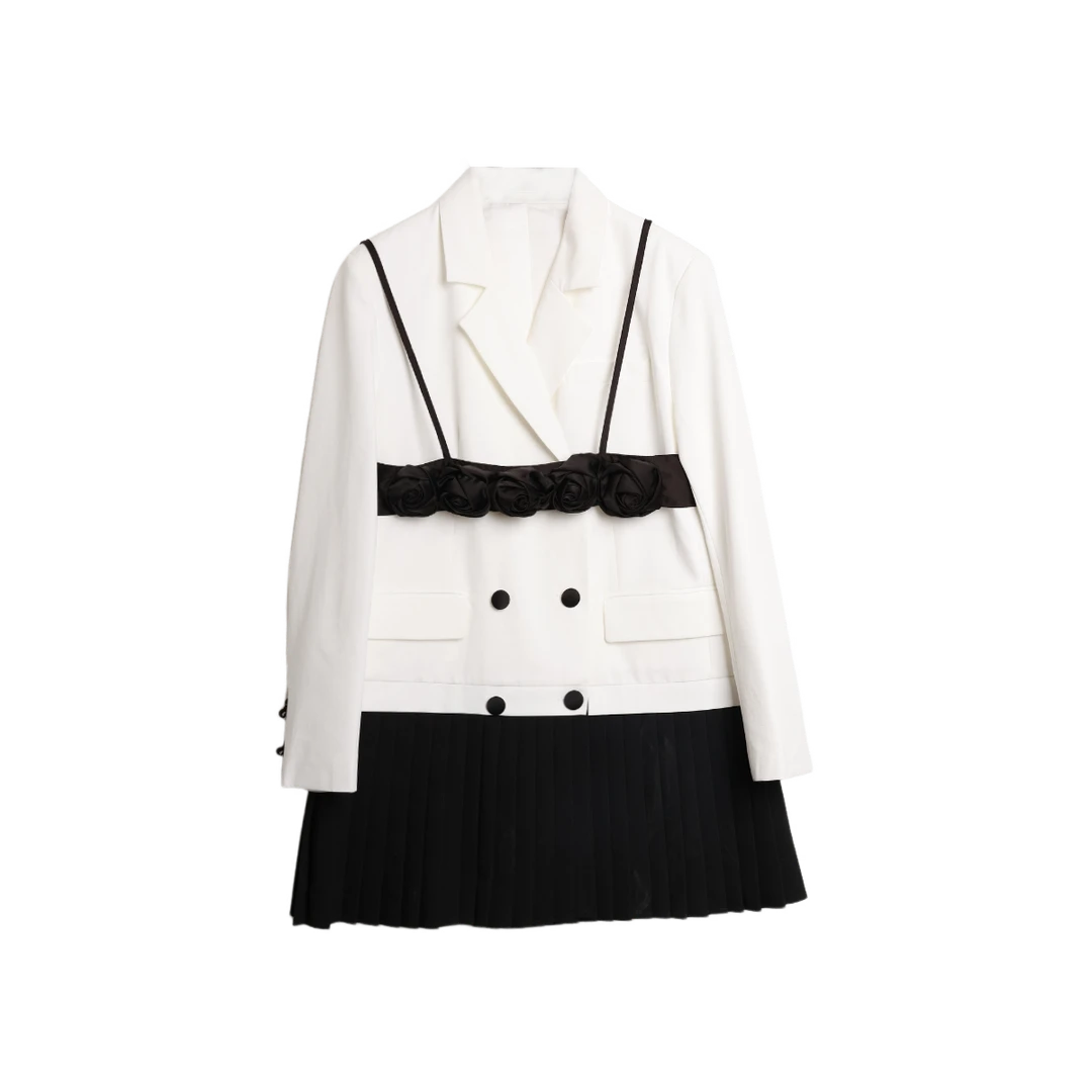 【专场PO价】西町村屋设计通勤风撞色手工玫瑰花百褶西装CC7602003