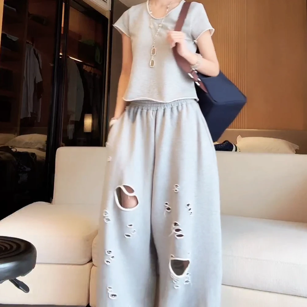 不规则破洞卷边时尚宽松直筒休闲裤松紧腰韩式阔腿裤夏季长裤洋气