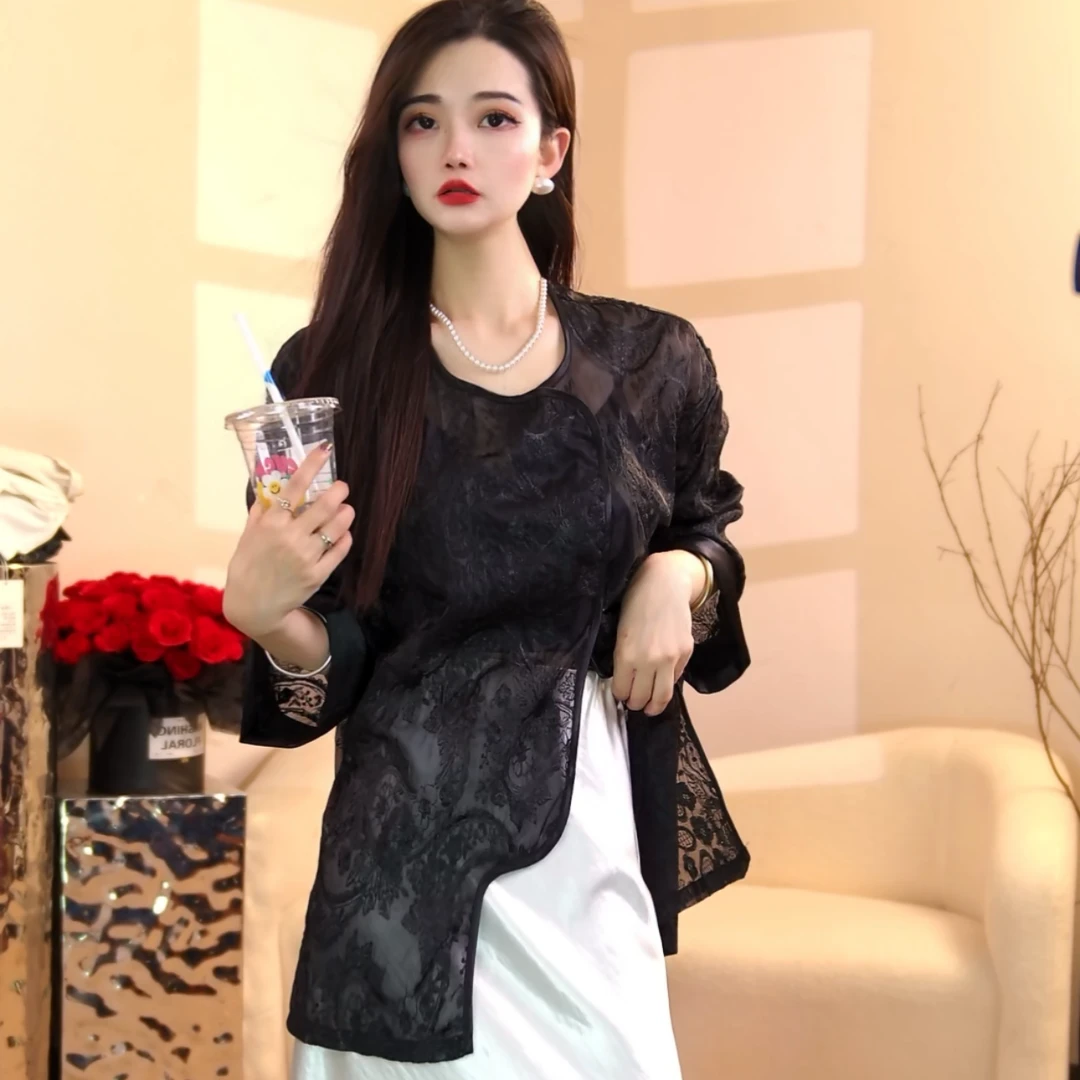 【欣欣】2025新款国风不规则裁剪缎面袖重工透气月光纱刺绣开衫外套