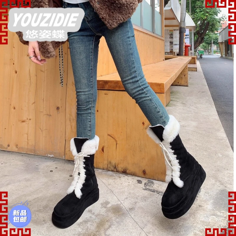 YOUZIDIE毛毛雪地靴女厚底冬保暖加厚靴子侧拉链羊毛中筒靴棉鞋潮