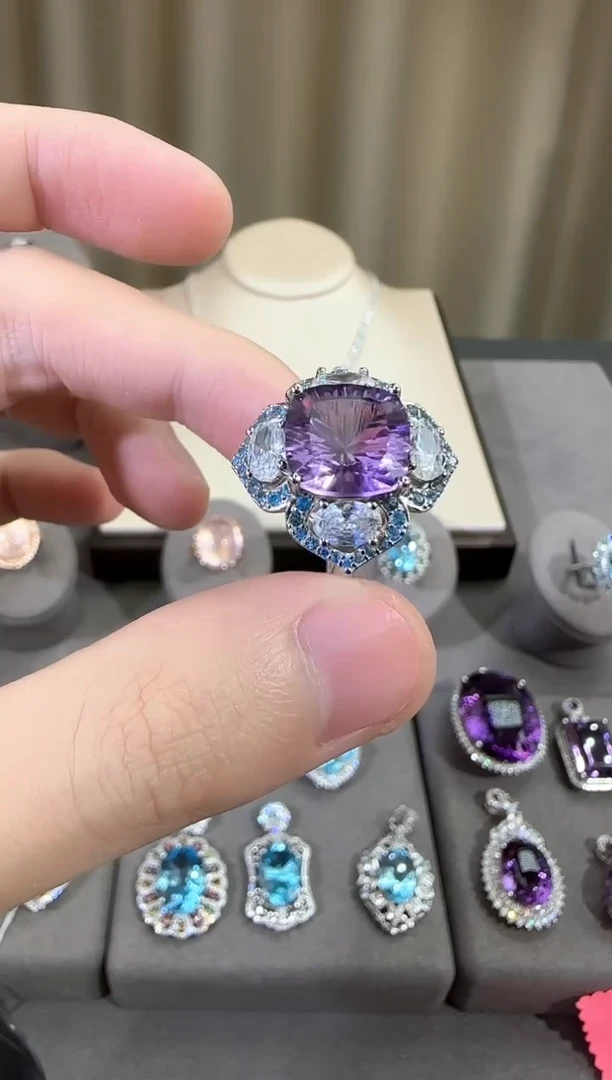 银S925镶嵌戒指紫晶13mm戒指设计款