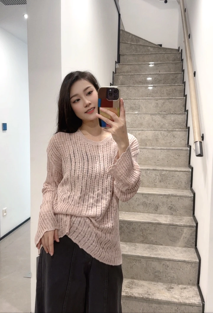 原创设计单品~（粉纱织梦）慵懒浪漫风粉棕镂空针织潮品秋冬打底衫