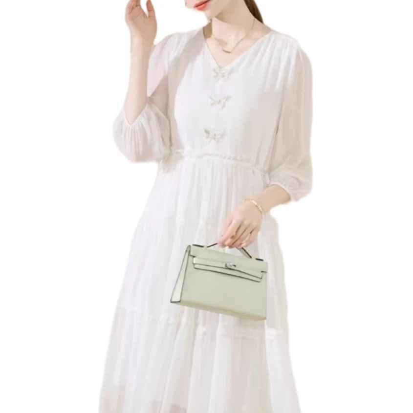 桑蚕丝宽松连衣裙仙女裙百搭气质轻奢纯色花显瘦时尚LW  1261