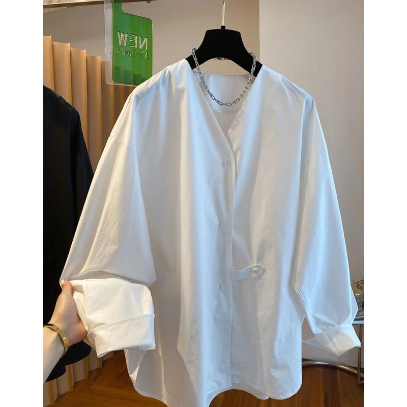 P0318慵懒风V领衬衫女新款宽松欧货洋气大版中长款遮屁股胖MM上衣