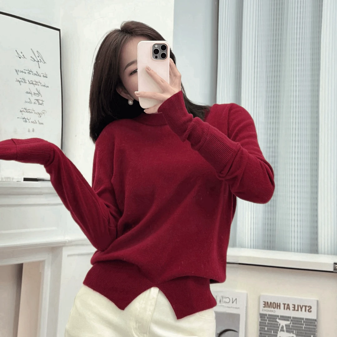 Leesan圆领修身开衩叠袖时尚羊毛羊绒毛衣女士红色针织衫修身显瘦