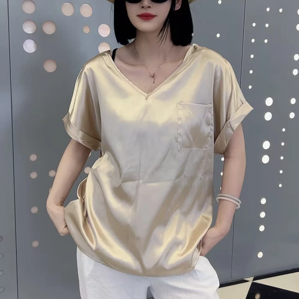 宽松型欧美风V领简约拼接T恤口袋光泽缎面时尚短袖洋气显瘦