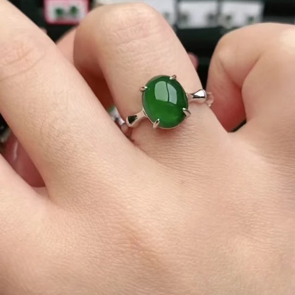鑫辰珠宝天然A货翡翠银镶嵌设计款开口女戒指时尚百搭