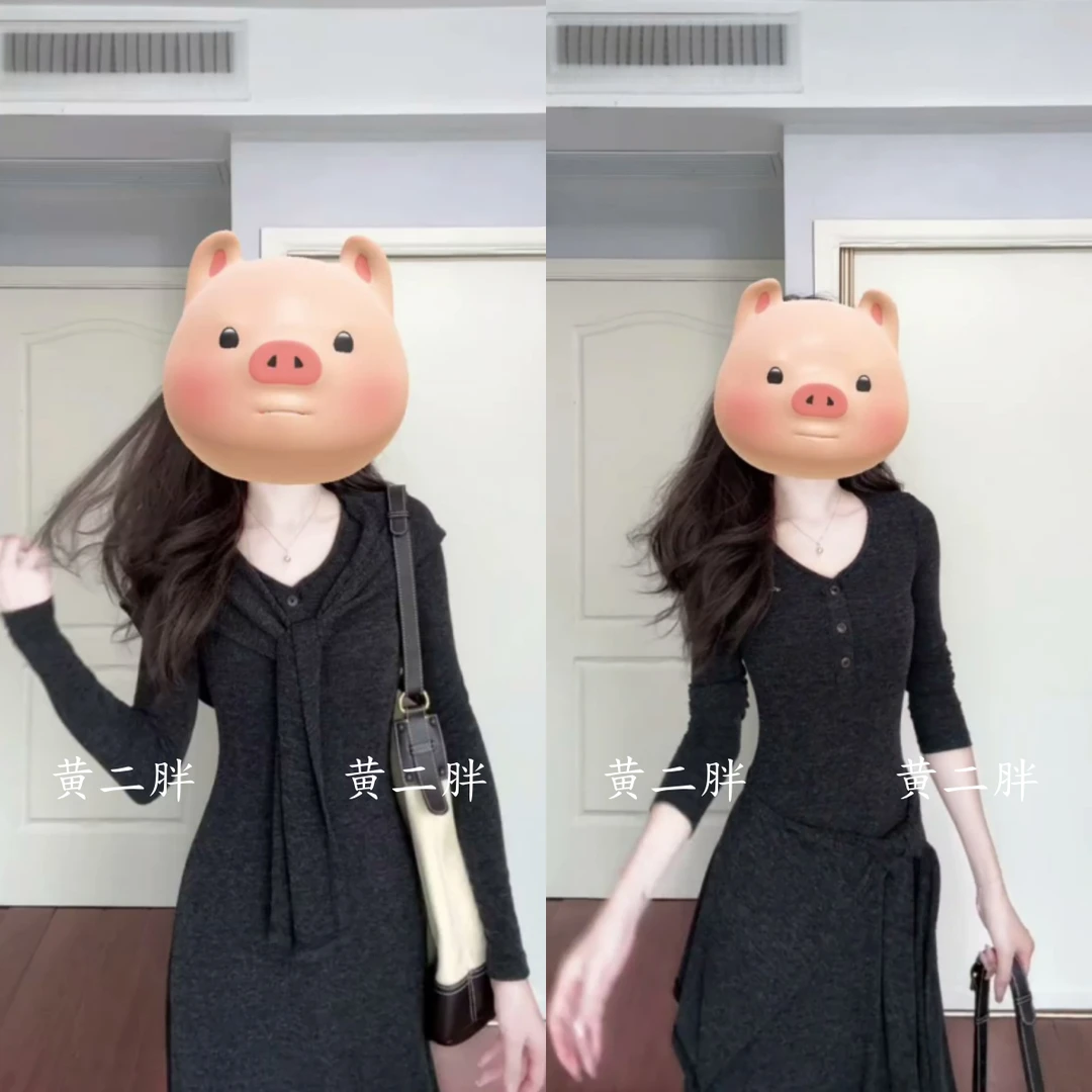 韩系拼接纽扣V领连衣裙女早秋新款时尚显瘦裙子别致小众针织长裙