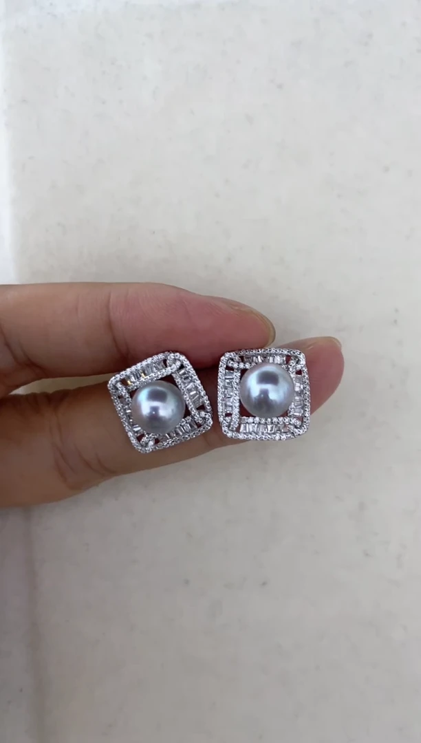 银S925镶嵌海水珍珠耳饰耳钉7-8