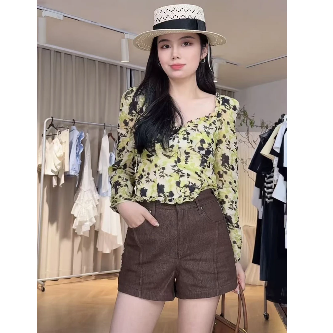 【XSY】前后大U领短款花边背后弹力长袖上衣