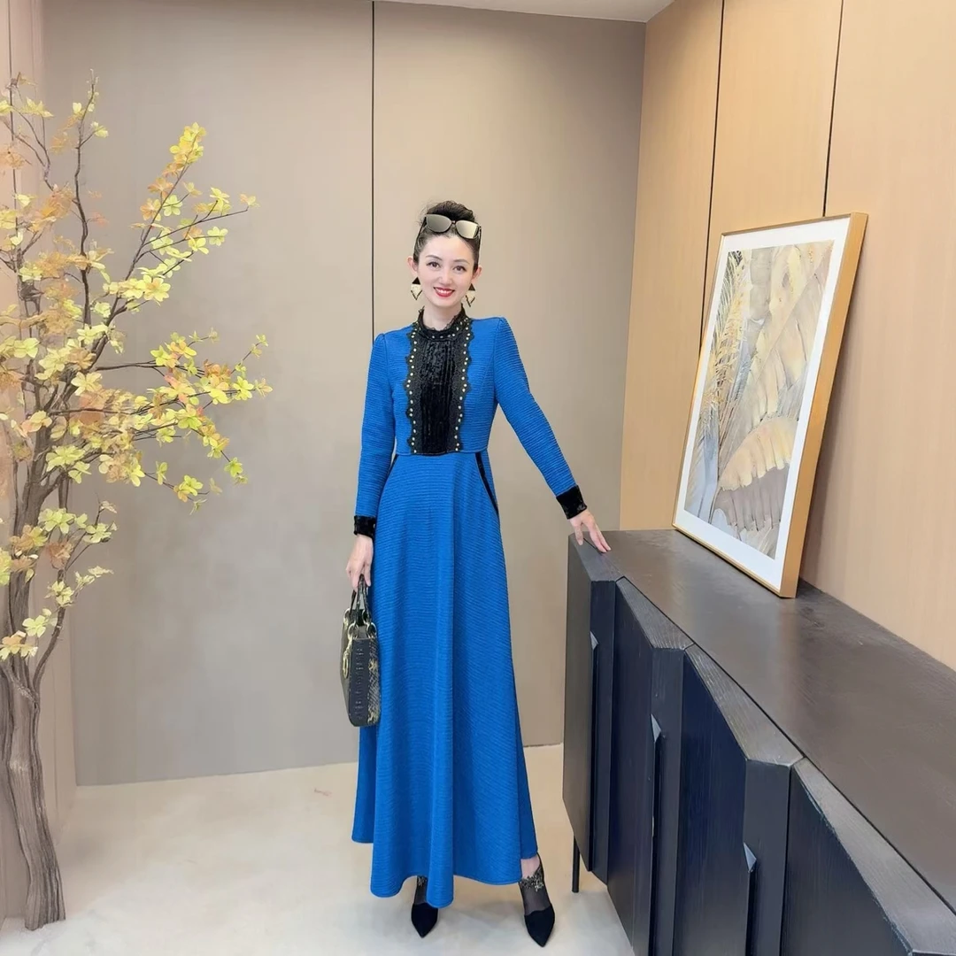 《丹尚爱》英伦宫廷风蓝黑色撞色轻奢时尚连衣裙气质显瘦长裙