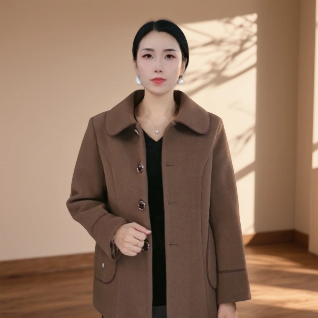 11371-秋冬加厚新款翻领单排扣气质中老年妈妈装开衫外套女（康燕）
