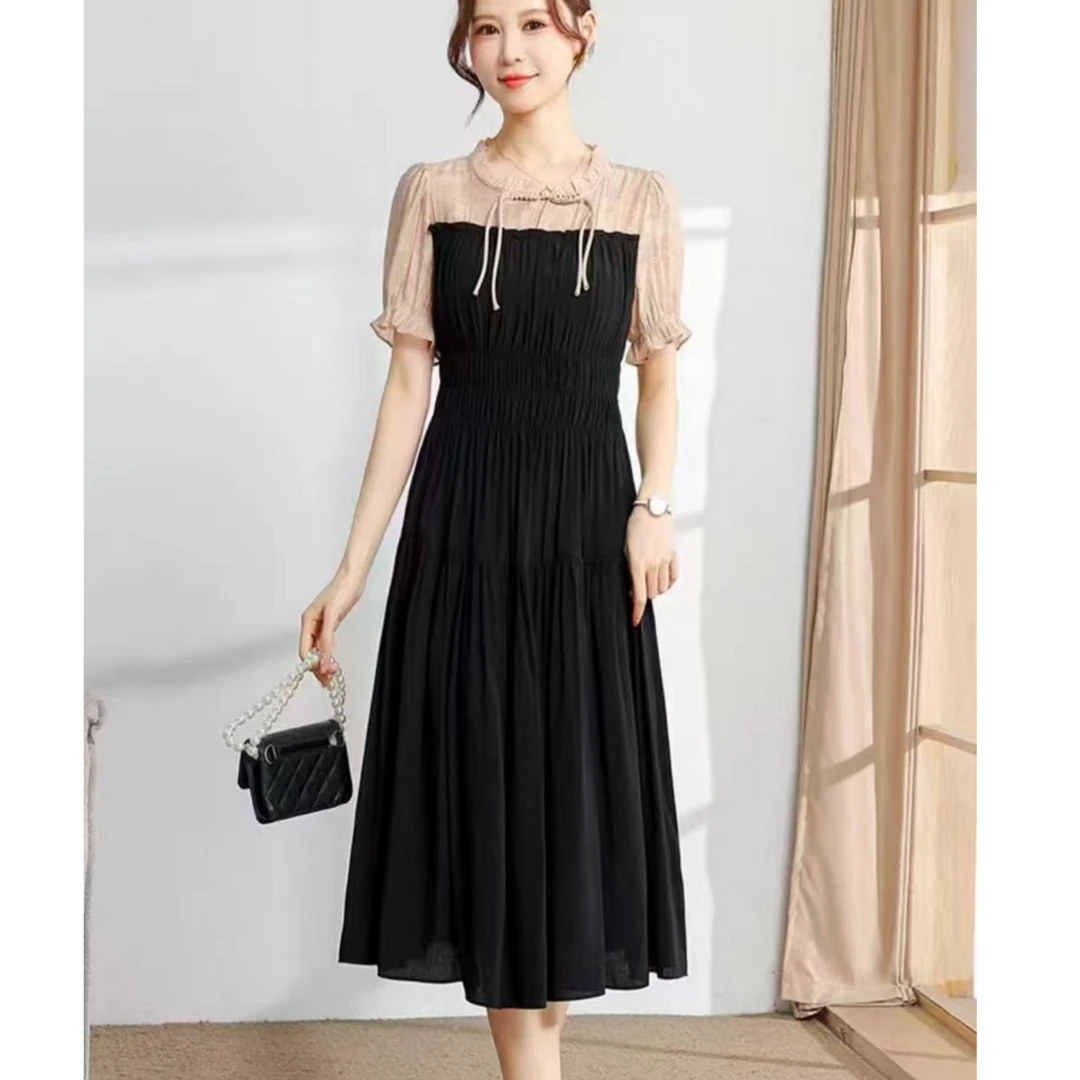【W450杏色拼黑色】休闲时尚百搭洋气2025夏季新款短袖中长款连衣裙