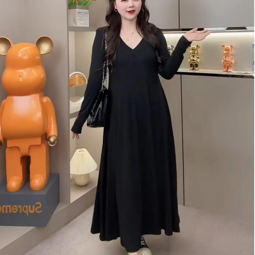 新款时尚洋气气质女垫肩春季秋季赫本风长裙长袖显瘦连衣裙