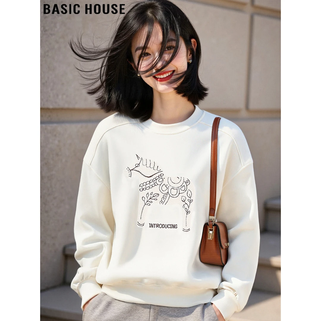 Basic House/百家好美式白色加绒刺绣圆领卫衣女2025冬季套头上衣