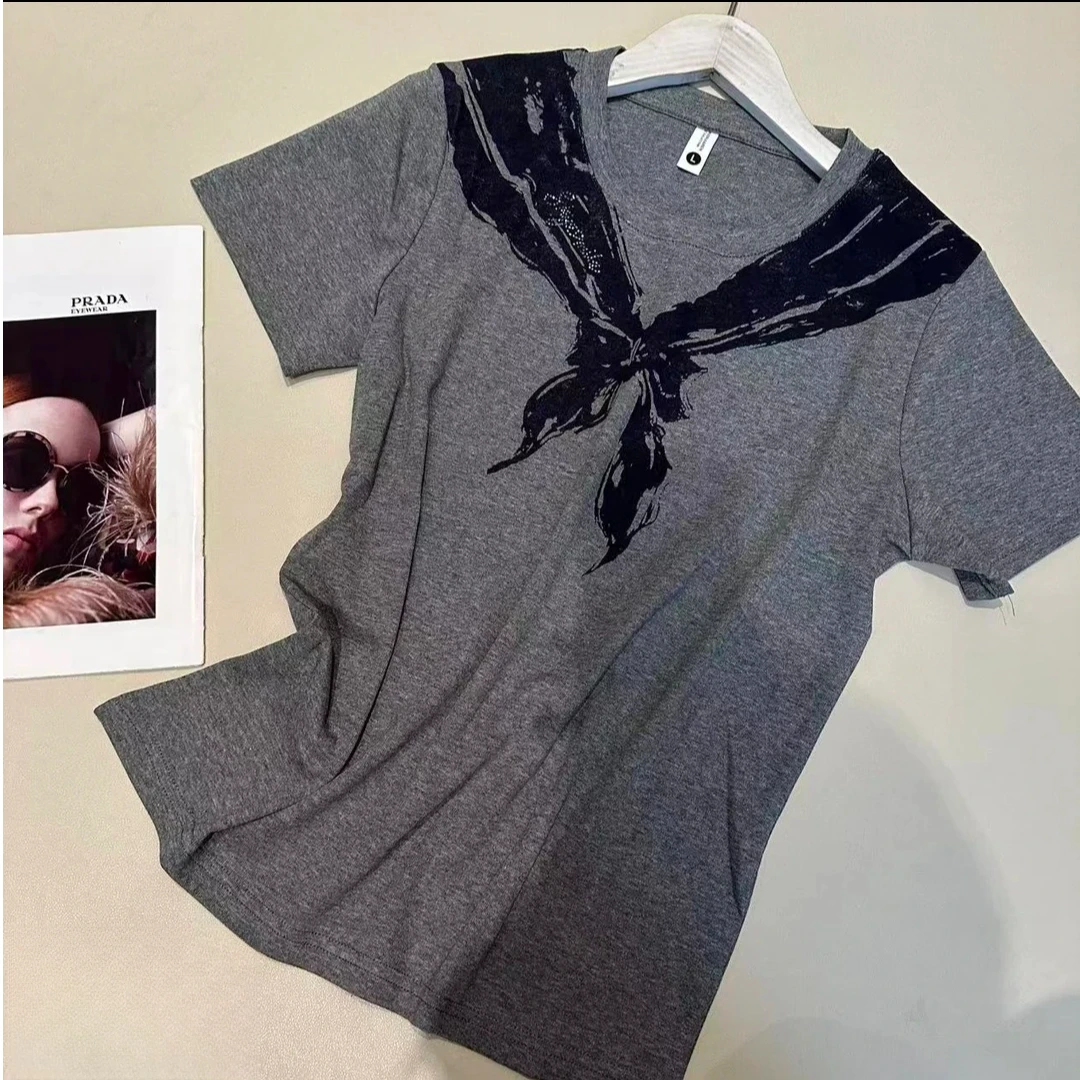 Y6232夏季圆领吸湿排汗印花蝴蝶结短袖蝴蝶T恤夏季轻奢圆领