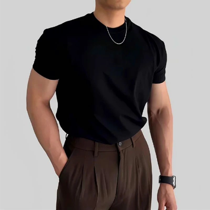 冰感棉圆领夏季短袖男T恤美式高街痞帅纯色男士显肌肉