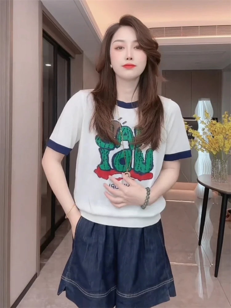 时尚短袖冰丝针织T恤女夏2025新款字母印花小衫减龄撞色百搭上衣