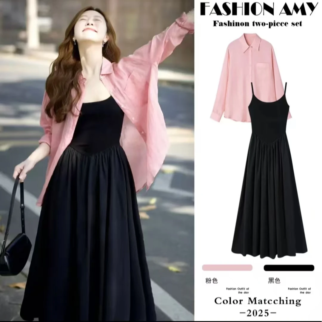 孕妇连衣裙套装春装新款时尚洋气减龄温柔风防晒衬衫显瘦吊带裙子