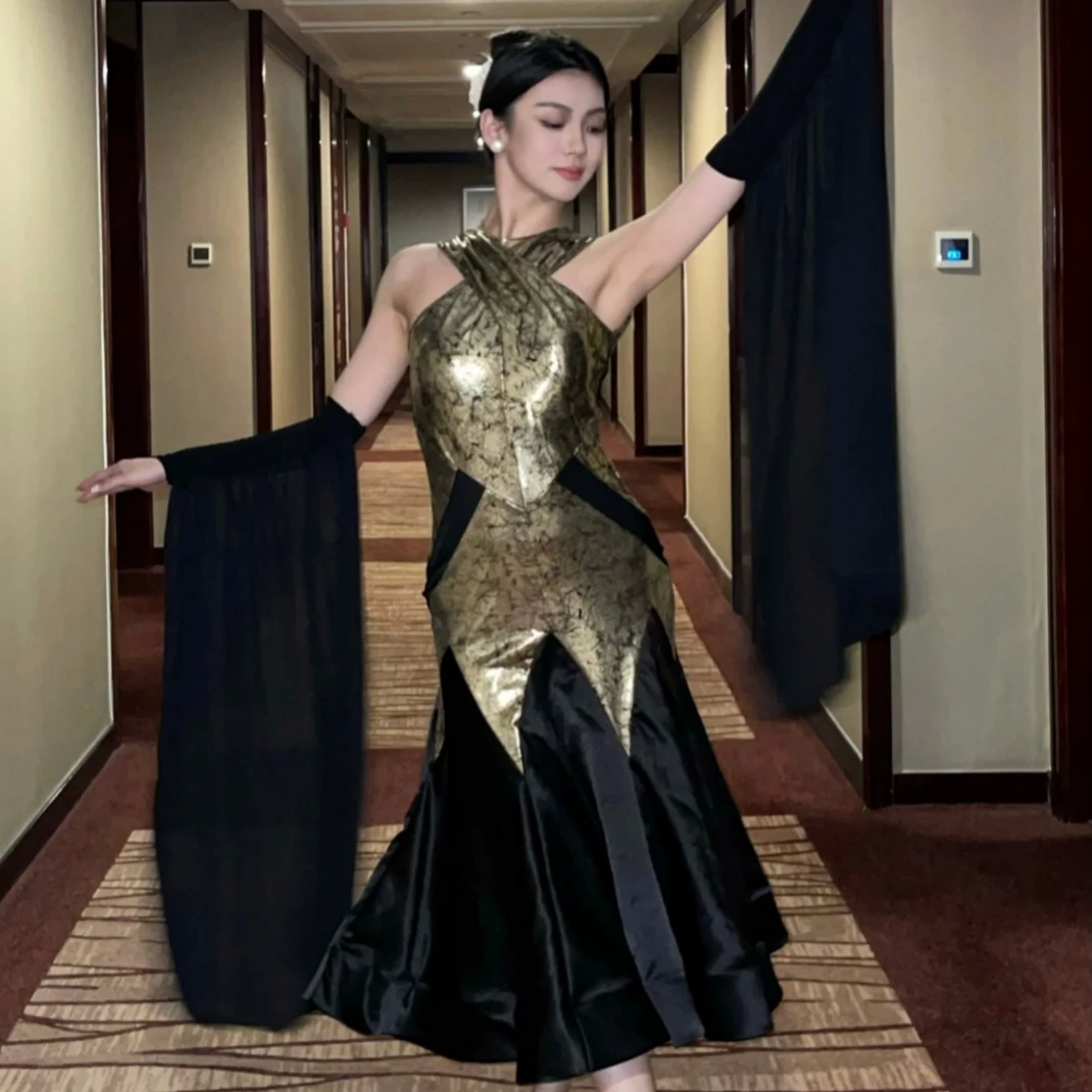 古里丹斯舞服鲸艺J149机械金属摩登舞连衣裙