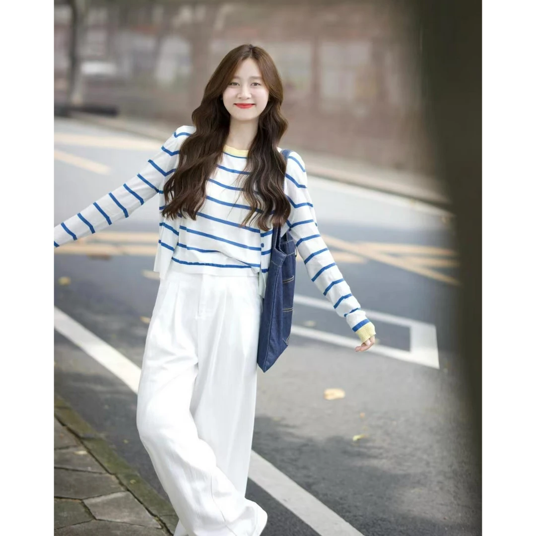 初春一整套清爽针织衫阔腿裤条纹开衫小清新学生装减龄舒适休闲款