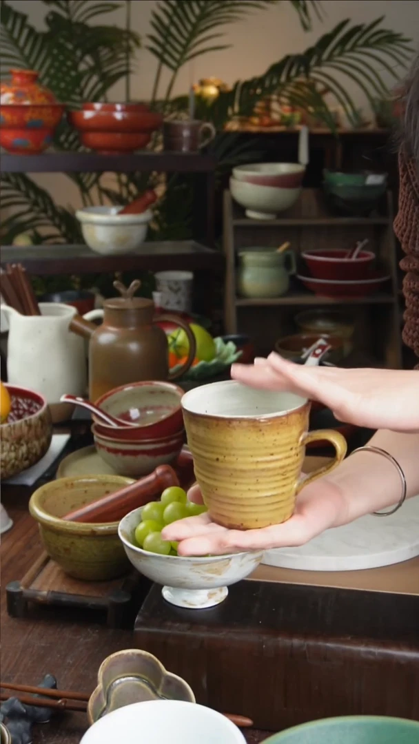 碗景德镇手工高温餐具黄色咖啡杯