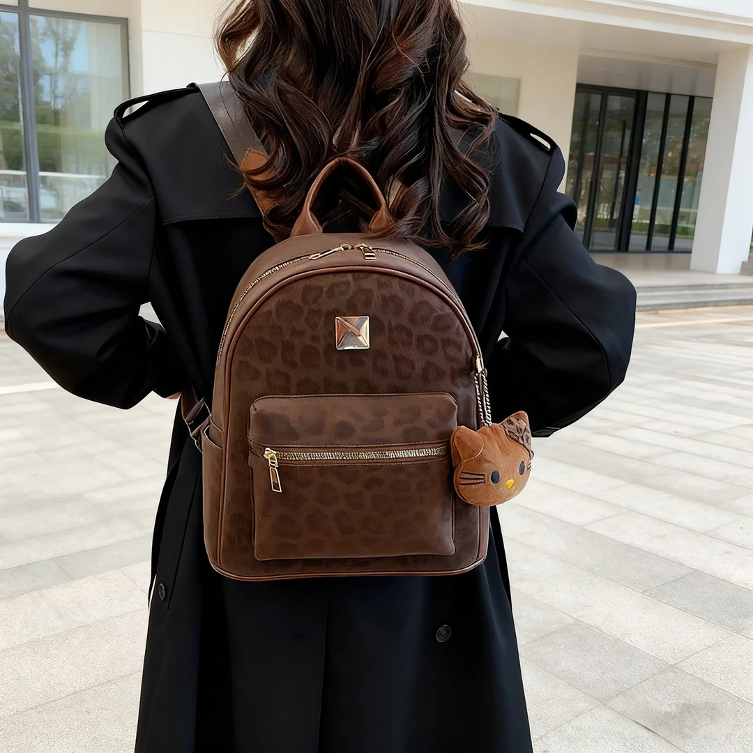 秋冬复古豹纹双肩包女款背包大容量韩版时尚百搭通勤背包洋气女包