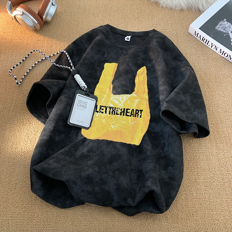 韩版街头男士短袖休闲百搭五分袖夏季ins扎染休闲宽松圆领美式T恤