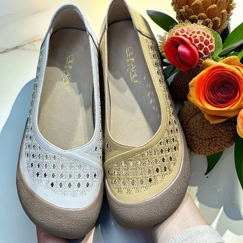 夏季新款镂空平跟洞洞鞋舒适女圆头中老年妈妈鞋软底单鞋25330