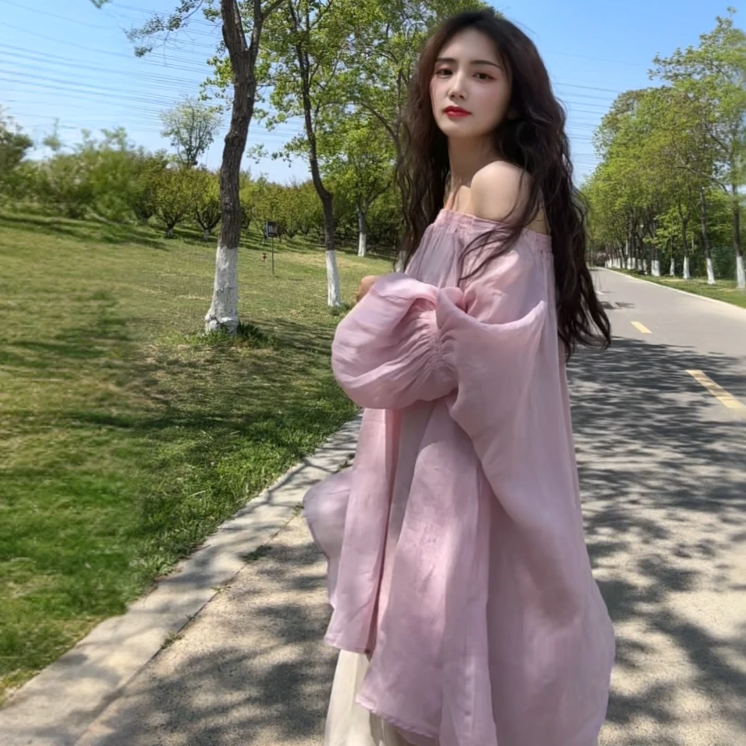 【繁花】新款一字肩苎麻显瘦上衣宽松舒适苎麻小衫