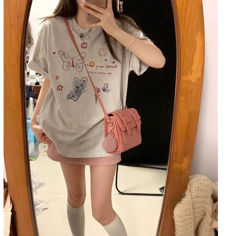 100%纯棉美式港味chic蝴蝶印花短袖t恤女夏季宽松小众设计感上衣