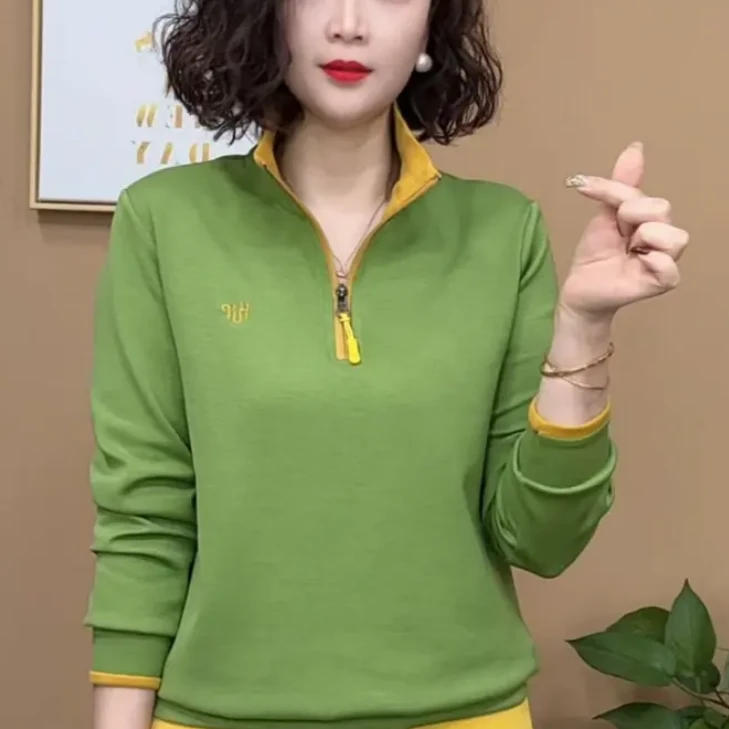 春季新款时尚百搭半拉链立领长袖上衣女气质显瘦减龄纯色打底衫女